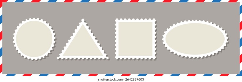 Empty stamps set. Post stamps isolated on background. Postal shapes border collection. Paper postmarks. Blank frames for mail letter. Postage perforated templates. Vector illustration. Flat design.