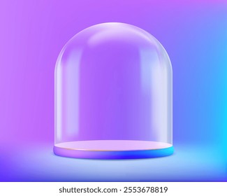 Empty stand with glass dome. On modern neon color background. Stock vector illustration