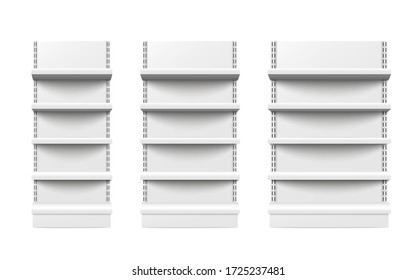 Empty stand retail shelves three diferent size pieces mockup isolated on white background. Supermarket product advertising blank. Front view. Vector illustration