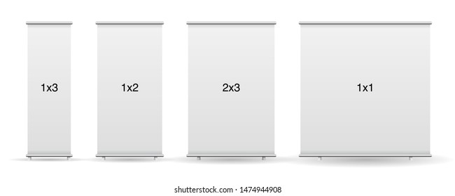 Empty standee or rollup banner display mockup on isolated white background. Display mockup for presentation or exhibition product. Vertical blank roll up stand template in 1x1, 1x2, 1x3 and 2x3 sizes.