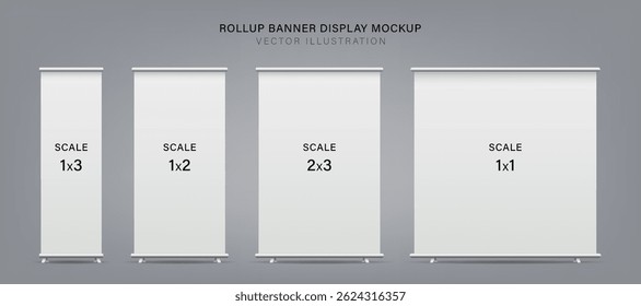Empty standee or rollup banner display mockup on isolated white background. Display mockup for presentation or exhibition product. Vertical blank roll up stand template in 1x1, 1x2, 1x3 and 2x3 sizes