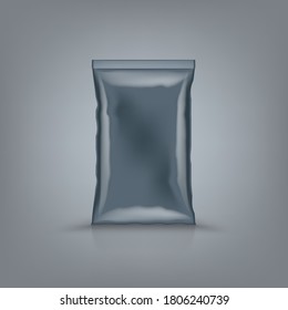 Empty Standing Vertically Sealed Black Foil Plastic Bag. EPS10 Vector