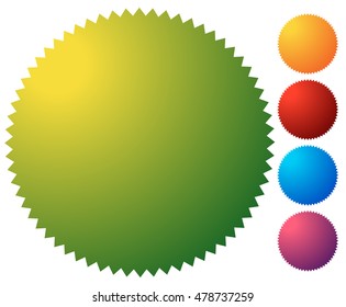 Empty starburst, sunburst button, icon background in 5 vibrant colors. Generic design element.
