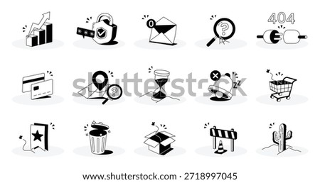 empty state illustration set for UI UX design. Includes analytics, security, empty inbox, search not found, 404 error, payment, location, timeout, notification off, empty cart, bookmark, trash, package, maintenance, and no signal states.