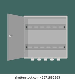 Empty steel circuit breaker box with two DIN rails and mounted cable glands. Vector illustration