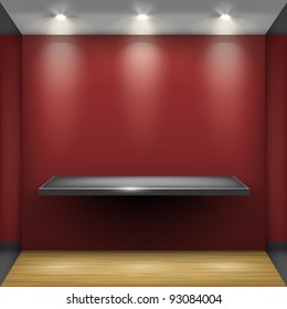 Empty steel shelf in red room, illuminated by searchlights. Part of set. Vector interior.