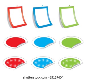 Empty stickers, stickers with snowflakes and pin-up notes, all in tree colors, vector.