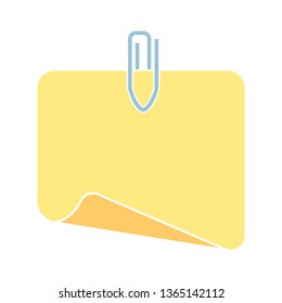 Empty sticky note with clip. Blank paper sheet of yellow color. Sticker for message. Isolated flat vector illustration