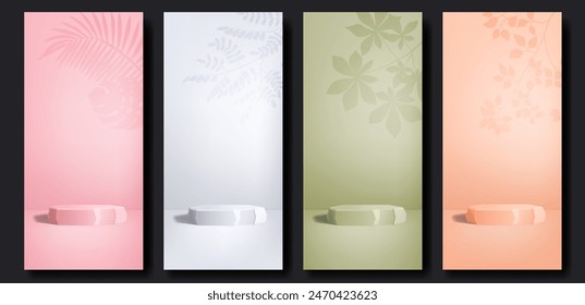 Leeres Stein-3D-Podium im vertikalen Studiohintergrund mit Blätterschatten an der Wand. Rosa, Weiß, Oliven- und Pfirsichfarbe. Monochrome Vektorgrafik Vorlage für Produktpräsentation, Rollup Banner, Geschichten Design.