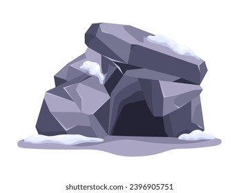 Eintritt in eine leere Steinhöhle, die mit Schnee bedeckt ist. Die wilde Höhle wurde in der Wintersaison eröffnet. Alte Höhle in grauem Felsen mit dunklem Durchgang zu unterirdischen Tiefen. Vektorgrafik einzeln auf weißem Hintergrund