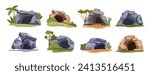 Empty stone caves entrance in the forest and jungle. Wild caves opened on lawn among the trees. Old den in rock with dark passage to underground depths. Vector illustrations set isolated