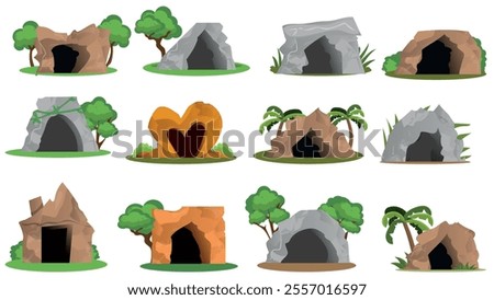 Empty stone caves entrance in the forest and jungle. Wild caves opened on lawn among the trees. Old den in rock with dark passage to underground depths. Vector illustrations set isolated.