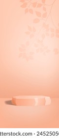 Empty stone podium of orange peach color vertical studio background with tree branch or leaves shadow on wall. Monochrome light vector template for product presentation, roll up banner, stories design