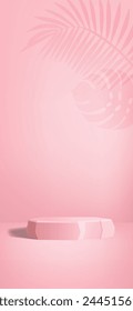 Empty stone podium in vertical studio background with tropical leaves shadow on wall. Monochrome light pink color. Vector template for product presentation, roll up banner or stories design.