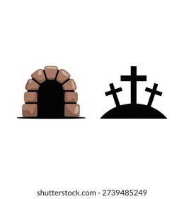 Empty stone tomb with crosses icons for Easter resurrection Sunday, church bulletin, bible lesson, inspirational faith graphic resources pack