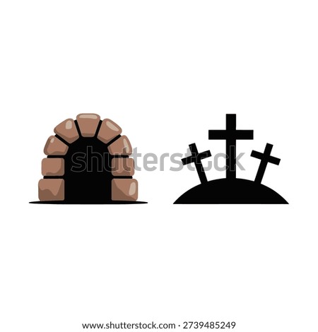 Empty stone tomb with crosses icons for Easter resurrection Sunday, church bulletin, bible lesson, inspirational faith graphic resources pack