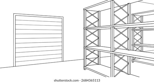 Vector de ilustración blanco negro gráfico interior de almacenamiento vacío