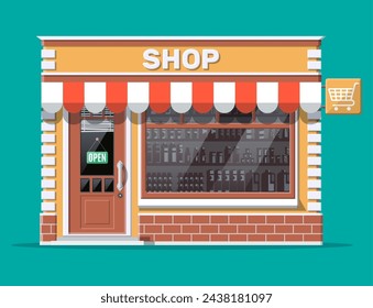 Empty store front with window and door. Wooden and brick facade. Glass showcase of boutique. Small european style shop exterior. Commercial, property, market or supermarket. Flat vector illustration