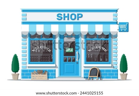 Empty store front with window and door. Wooden and brick facade. Glass showcase of boutique. Small european style shop exterior. Commercial, property, market or supermarket. Flat vector illustration