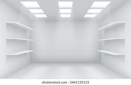 Empty store illuminated by led lamps realistic 3d illustration. Showroom enclosure design. Commercial building interior vector background