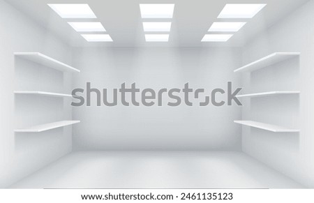 Empty store illuminated by led lamps realistic 3d illustration. Showroom enclosure design. Commercial building interior vector background