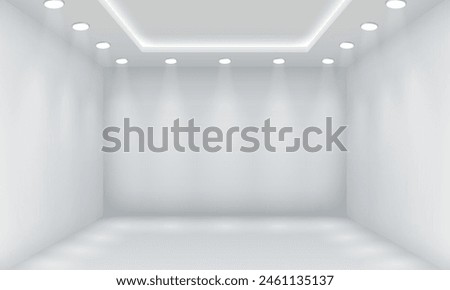 Empty store illuminated by led lamps realistic 3d illustration. Showroom enclosure design. Commercial building interior vector background