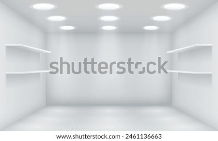 Empty store illuminated by led lamps realistic 3d illustration. Showroom enclosure design. Commercial building interior vector background