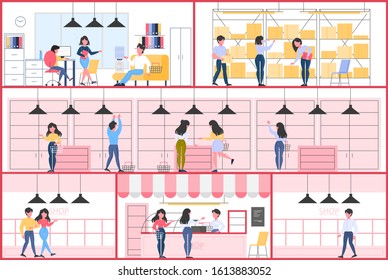 Empty store interior. Counter, shelves and exposition. Visitors in the shop. Vector flat illustration