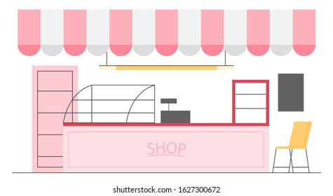 Empty store interior. Counter, shelves and exposition. Vector flat illustration