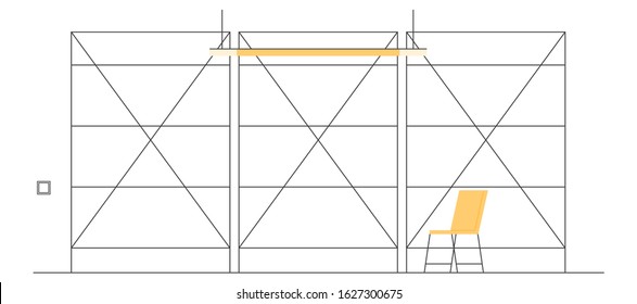 Empty store interior. Counter, shelves and exposition. Vector flat illustration