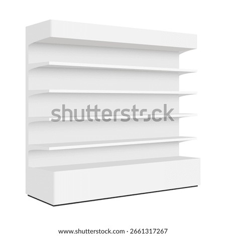 Empty store shelf display mockup with five horizontal levels. Perspective side view white shelving for product placement, retail store presentation, supermarket or pharmacy merchandising design