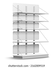 Empty store shelf. Realistic supermarket multi level rack. Isolated shop furniture. Side view sale racking. Shopping interior. Merchandise presentation. Vector showcase