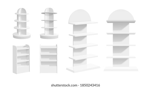 Empty store shelf. Shop display, indoor supermarket or warehouse blank stands. Realistic white bookcase, 3d expo rack recent vector mockup