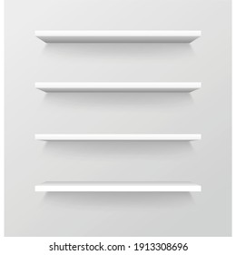 Empty store shelves, blank retail showcase, supermarket shelf template