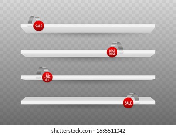 Empty store shelves isolated on background. Retail shelf art design. Vector stock illustration.