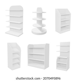 Empty store shelves realistic set vector illustration. Collection retail shelf for goods promotion merchandising marketing isolated. Bookstore supermarket shop and store tools for stand product