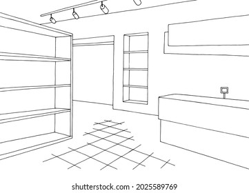 Empty store shop interior black white graphic sketch illustration vector