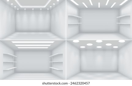 Leere Lagerräume realistische 3D-Illustrationssatz. Vorlagen für Ladengehege. Minimalistische Showräume Interieur Vektorgrafik Hintergrund Kollektionen