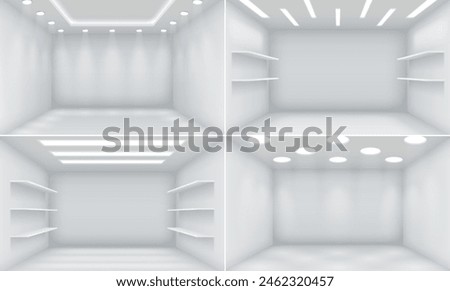Empty stores premises realistic 3d illustration set. Shops enclosure templates. Minimalist show rooms interior vector background collections