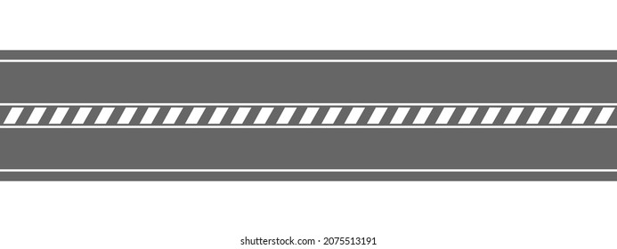 Empty straight road aerial view. Highway marking with diagonal stripes. Seamless horizontal roadway template. Traffic element of city map isolated on white background. Vector flat illustration.