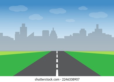 Camino directo vacío a la ciudad, área verde del paisaje de verano, nubes. estilo plano. Ilustración vectorial aislada en fondo blanco.
