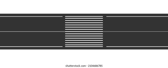 Empty Straight Road With Crosswalk Marking. Overhead View. Roadway Horizontal Template Isolated On White Background. Transport Element Of City Map. Vector Flat Illustration.