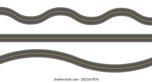 Empty straight and winding asphalt roads with marking. Horizontal top view. Seamless highway templates isolated on white background. Element of street roadway. Vector flat illustration.