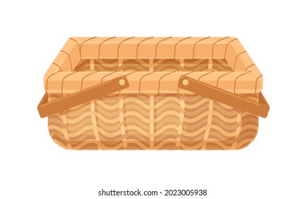 Empty straw wicker basket with handles. Woven storage container without lid. Realistic wickerwork. Colored flat vector illustration of basketwork isolated on white background