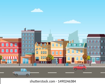 Empty street, buildings colored in different shades. Cars driving on roads, city life with transport and residential property of people old town. Vector illustration in flat cartoon style