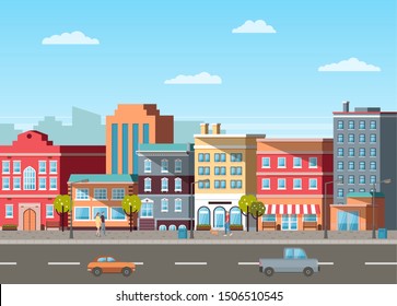 Empty street, buildings colored in different shades. Cars driving on roads, city life with transport and residential property of people old town. Vector illustration in flat cartoon style