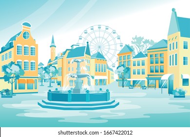 Leere Straße der Stadt mit gefülltem Brunnen, die Wasser in der Mitte der Parkstraße gießen. Stadthäuser, Häuser, Eintritt zum Geschäft, Bank in der Nähe von Bäumen und Pflanzen. Riesenrad auf Hintergrund. Vektorillustration