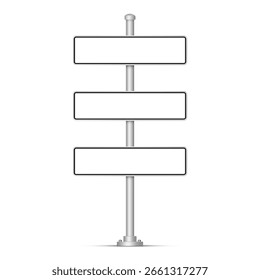 Empty street direction sign with three blank boards on metal pole. Isolated road signage mockup for navigation, wayfinding, travel concepts, and urban infrastructure design