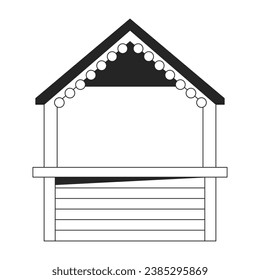 El quiosco callejero vacío blanco y negro de la línea 2D objeto de caricatura. Bombilla luminosa caseta de hadas aislada del contorno vectorial. Puesto de exposición. Muestra de comercio en blanco monocromática de la ilustración plana