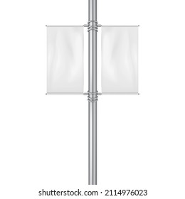 Empty Street Light Pole Banner Isolated On White Background - Realistic Vector Mock-up. Blank Streetlight Display Mockup. Poster Sign. Template For Design